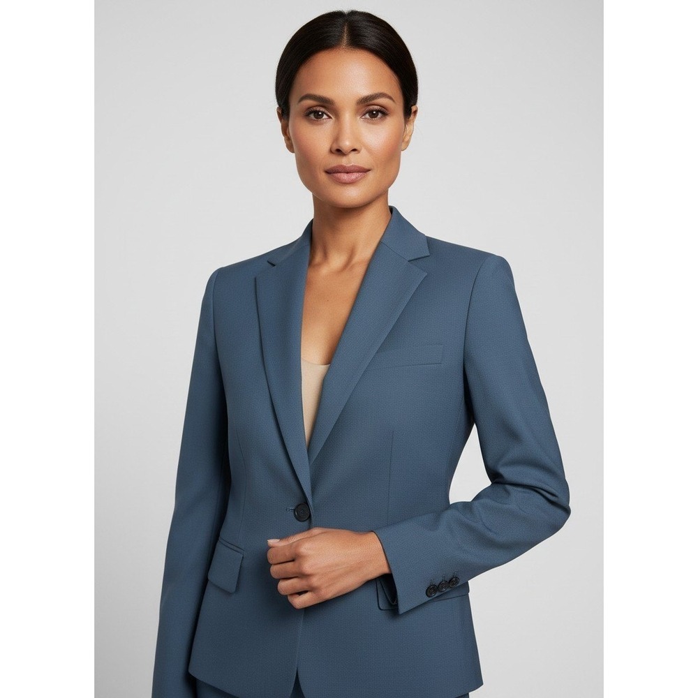 Theory 1 Button Slim Jacket Blazer Wool Blend Slate Blue Quiet Luxury Career 2